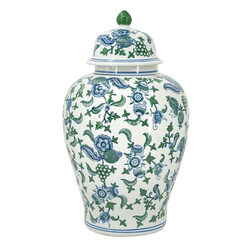 Ваза с крышкой и зелено-голубым цветочным узором на белом фоне Blue & White Ornament Белый Синий Ваза с крышкой и зелено-голубым цветочным узором на белом фоне Blue & White Ornament Белый Синий в Ижевске | Loft Concept