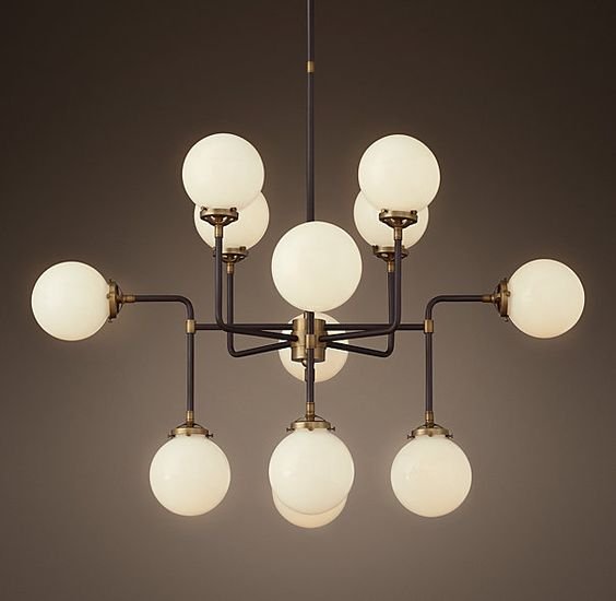 Люстра RH Bistro Globe Milk Glass 12-Light Chandelier Латунь Черный Белый в Ижевске | Loft Concept 