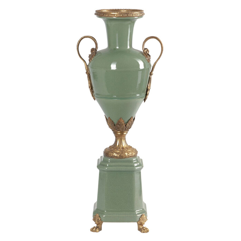 Ваза зеленого цвета из фарфора на высокой подставке с бронзовыми ручками Eden Garden porcelain and bronze Зеленый Бронза в Ижевске | Loft Concept 