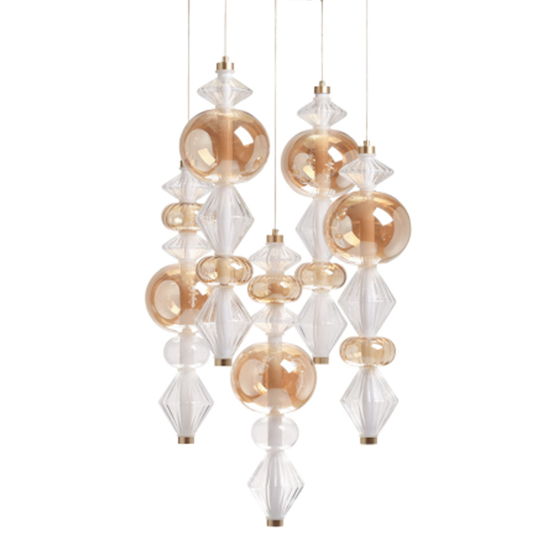 Люстра с плафонами из прозрачного и янтарного стекла в виде шаров и ромбов Gabriel Scott Luna Золотой Прозрачное Стекло Янтарный в Ижевске | Loft Concept 