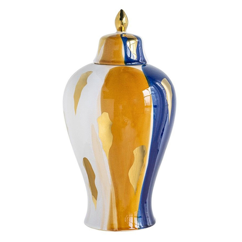 Ваза с крышкой и мазками синего и золого цвета на белом фоне Chinoiserie Ceramics Белый Оранжевый Золотой Синий Ваза с крышкой и мазками синего и золого цвета на белом фоне Chinoiserie Ceramics Белый Оранжевый Золотой Синий в Ижевске | Loft Concept