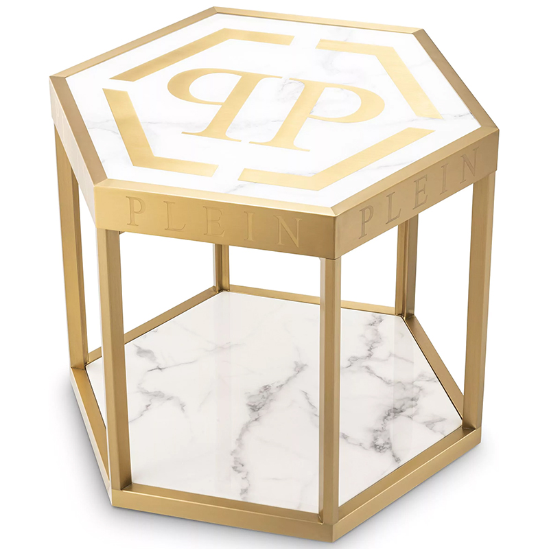 Приставной стол Philipp Plein Side Table Billionaire Золотой Белый Мрамор Bianco в Ижевске | Loft Concept 