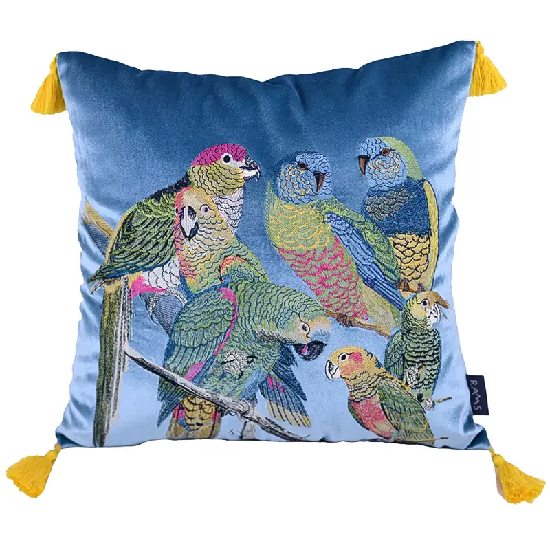 Декоративная подушка с вышивкой Embroidery Parrots Pillow Blue Голубой Мульти в Ижевске | Loft Concept 