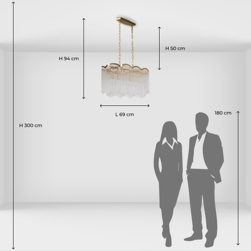 Люстра прямоугольная на цепях с прозрачными трубками и волнистым краем Nembus в Ижевске