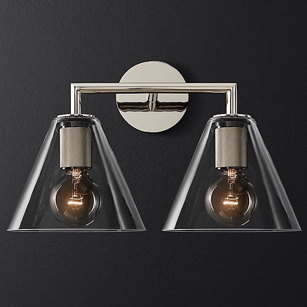 Бра RH Utilitaire Funnel Shade Double Sconce Silver Прозрачное Стекло Никель в Ижевске | Loft Concept 