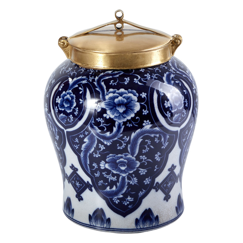 Ваза с насыщенным синим орнаментом и золотой крышкой Blue & White Ornament Белый Синий Золотой Ваза с насыщенным синим орнаментом и золотой крышкой Blue & White Ornament Белый Синий Золотой в Ижевске | Loft Concept