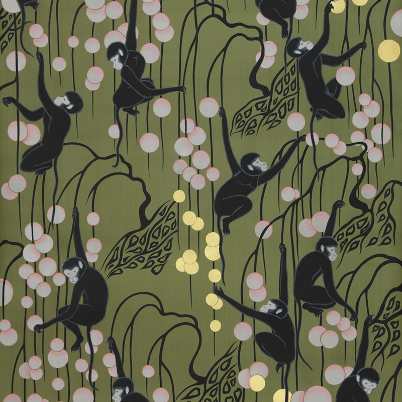 Обои ручная роспись Deco Monkeys Special Colourway on Olive dyed silk  в Ижевске | Loft Concept 