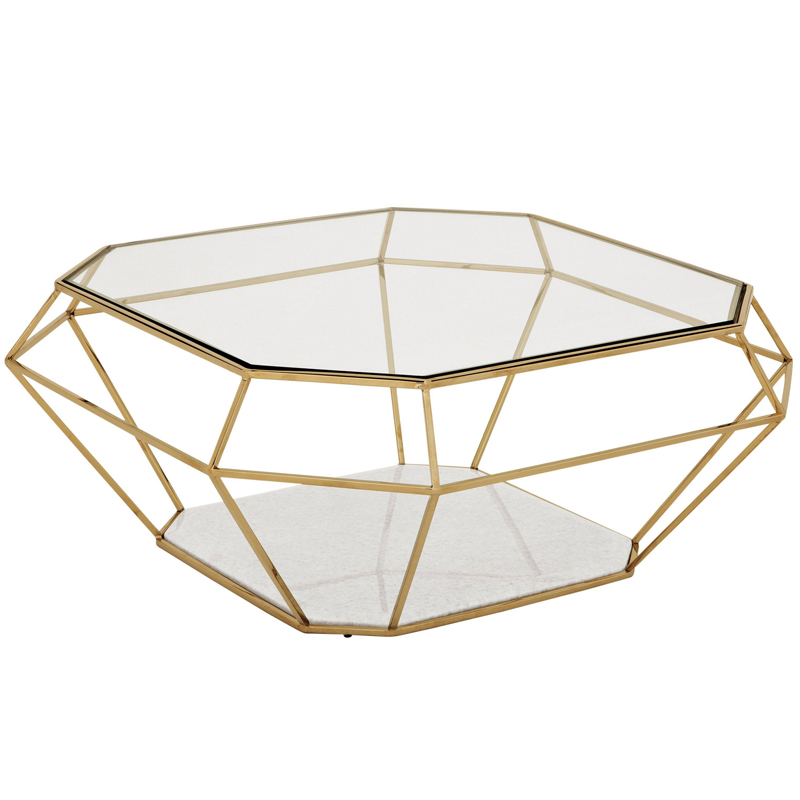 Кофейный стол Eichholtz Coffee Table Asscher Золотой Прозрачный Белый Мрамор Bianco в Ижевске | Loft Concept 