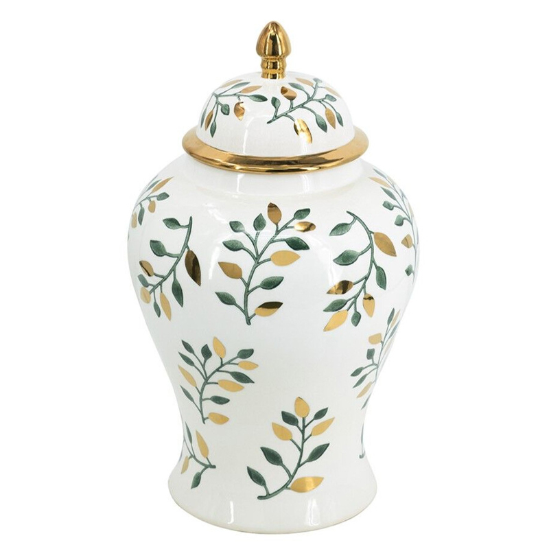 Ваза белая с крышкой с рисунком зеленых и золотых листьев 48 см Chinoiserie Ceramics Белый Зеленый Золотой Ваза белая с крышкой с рисунком зеленых и золотых листьев 48 см Chinoiserie Ceramics Белый Зеленый Золотой в Ижевске | Loft Concept