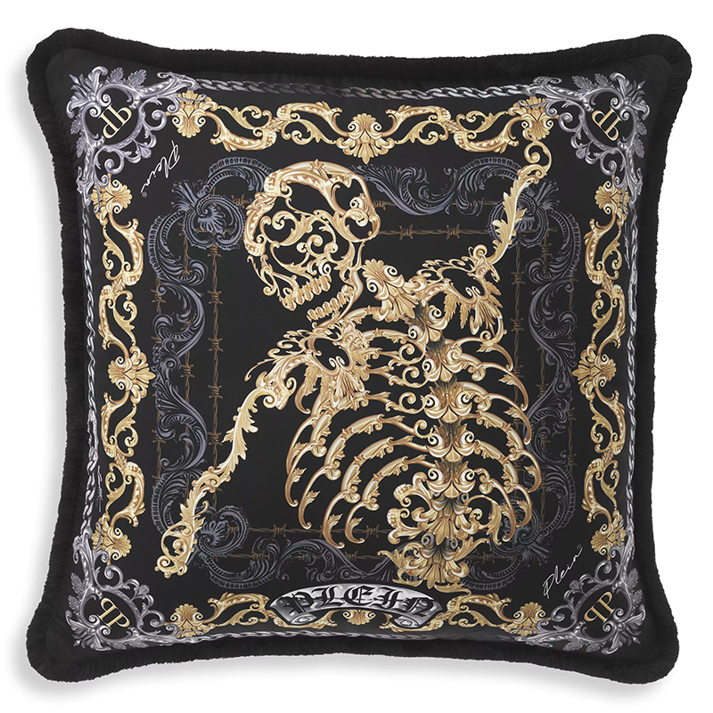 Подушка Philipp Plein Cushion Silk Skeleton 70 x 70 cm Черный Золотой Серый в Ижевске | Loft Concept 