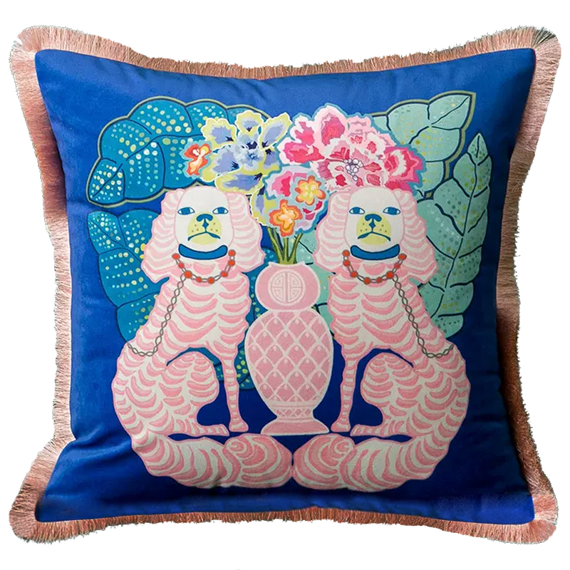 Декоративная подушка Two Pink Dogs on Blue Cushion Синий Розовый Мульти в Ижевске | Loft Concept 