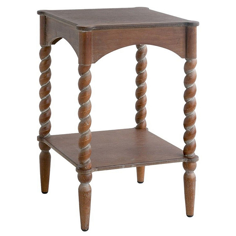 Приставной столик деревянный с резными ножками и нижней полкой Vintage Side Table Brown Wood Коричневый в Ижевске | Loft Concept 