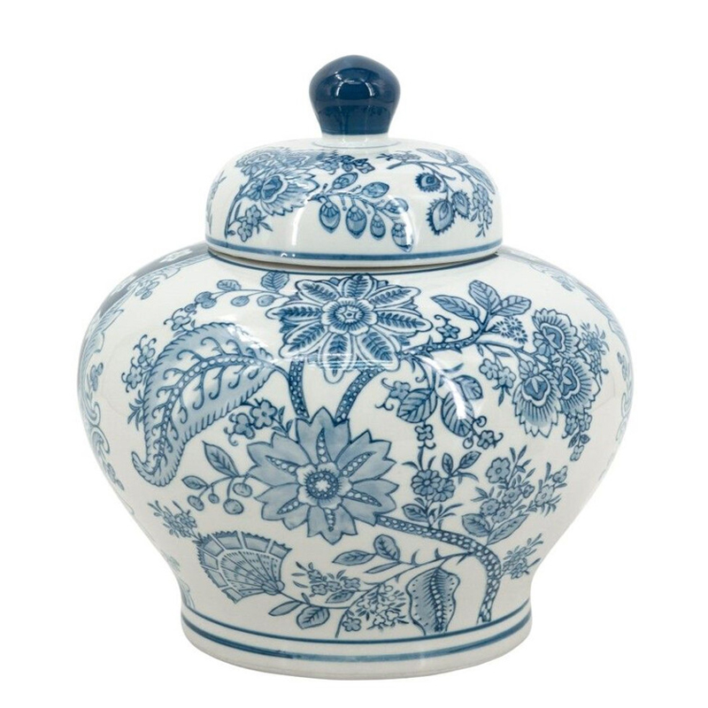 Ваза с крышкой и синим узором в виде цветов и листьев Blue & White Ornament  Белый Синий в Ижевске | Loft Concept 
