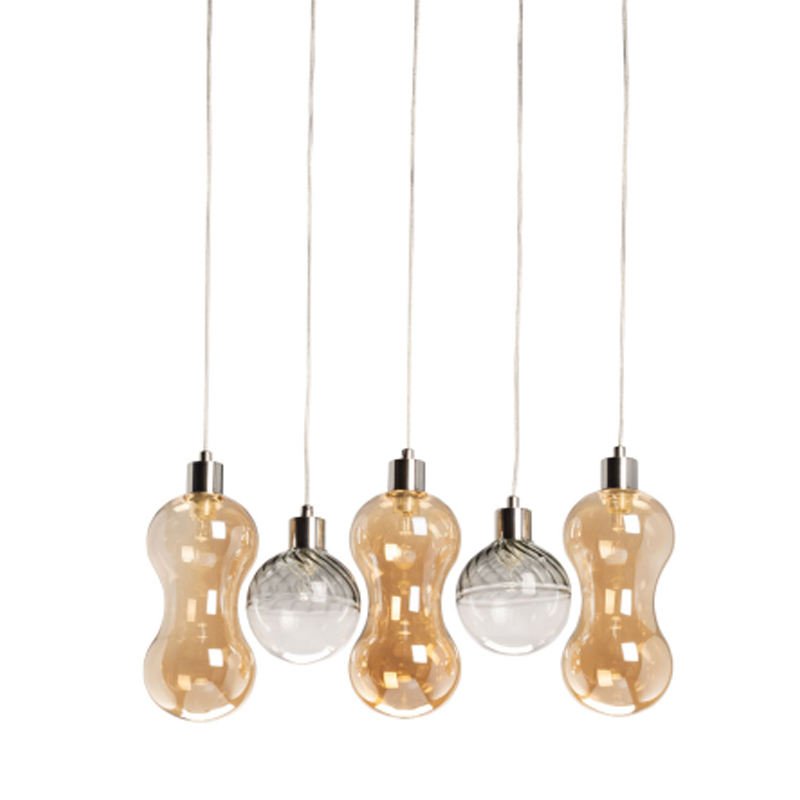 Люстра с 3-мя плафонами волнообразной формы цвета янтарь и 2-мя прозрачными шарообразными плафонами Lucid Rain  Черный Прозрачный Янтарный в Ижевске | Loft Concept 