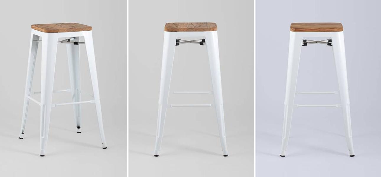 Барный Стул без Спинки Белый Глянцевый Металл  Деревянное Сидение - фото