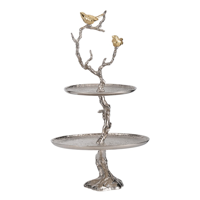 Блюдо двухъярусное Birds on Branches silver Сатиновое Серебро  Золотой в Ижевске | Loft Concept 