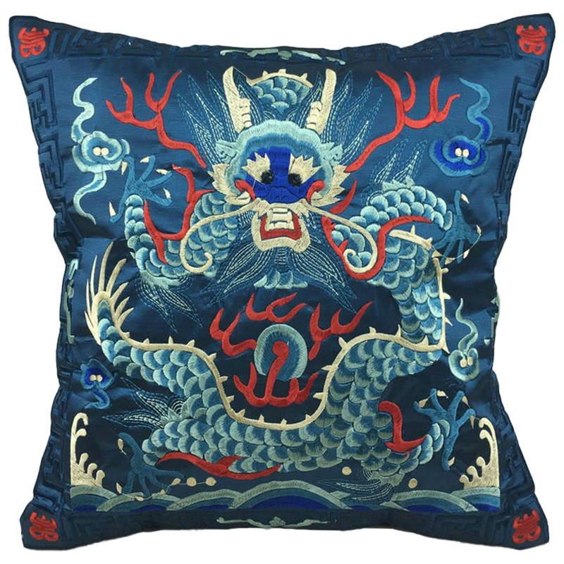 Декоративная подушка с вышивкой Chinese Dragon Blue Мульти Синий в Ижевске | Loft Concept 