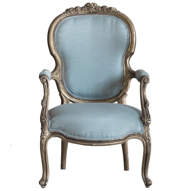 Кресло Arm Carved Chair  blue linen Голубой пастельный Темный дуб в Ижевске | Loft Concept 