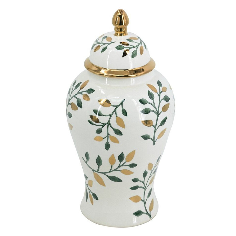 Ваза белая с крышкой с рисунком зеленых и золотых листьев 40 см Chinoiserie Ceramics Белый Зеленый Золотой в Ижевске | Loft Concept 