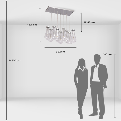 Люстра с 9-ю прозрачными плафонами из стекла в форме капли на прямоугольном потолочном основании цвета хром Lucid Rain  в Ижевске