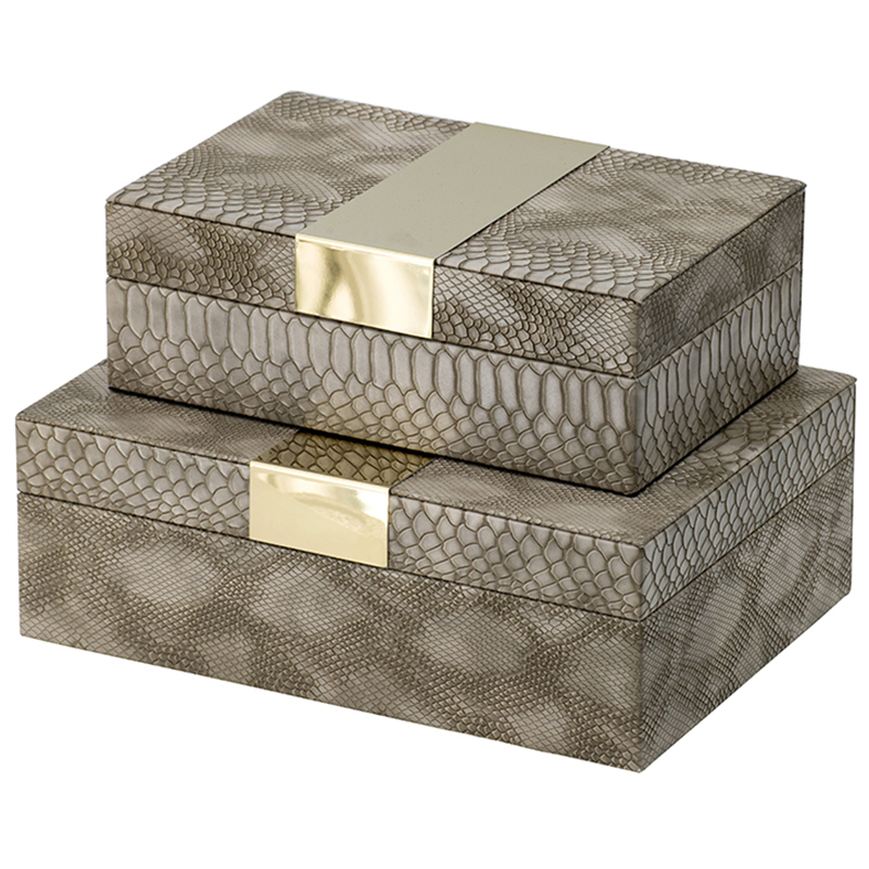 Комплект шкатулок Imitation Snakeskin Boxes Бежево-серый Глянцевое золото в Ижевске | Loft Concept 