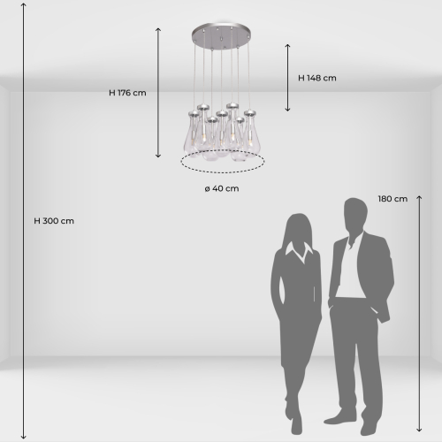 Люстра с 7-ю прозрачными плафонами из стекла в форме капли на круглом потолочном основании цвета хром Lucid Rain  в Ижевске