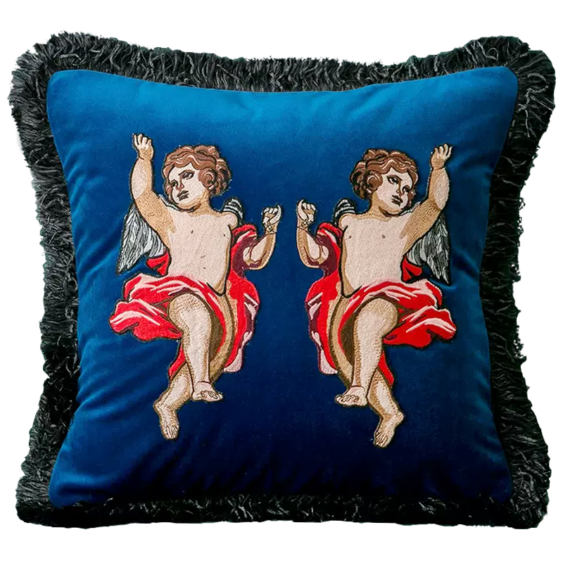 Декоративная подушка с вышивкой Стиль Gucci Angels Cushion Blue Синий Мульти в Ижевске | Loft Concept 