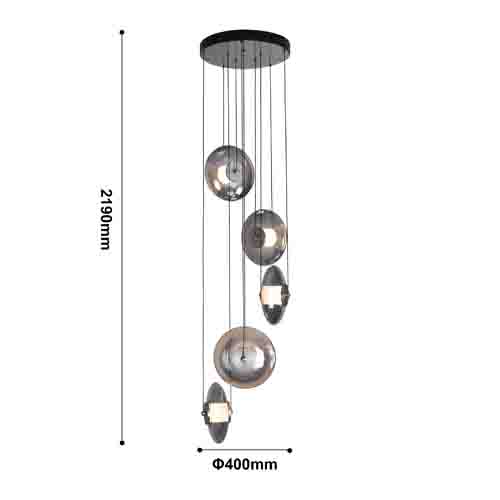 Люстра каскадная с 5-ю круглыми стеклянными плафонами дымчатого цвета и черными деталями Orbit Serenade в Ижевске