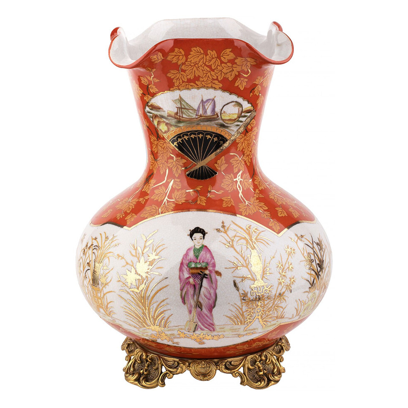 Ваза красного цвета с рисунком Chinoiserie Ceramics Белый Красный Бронза Ваза красного цвета с рисунком Chinoiserie Ceramics Белый Красный Бронза в Ижевске | Loft Concept