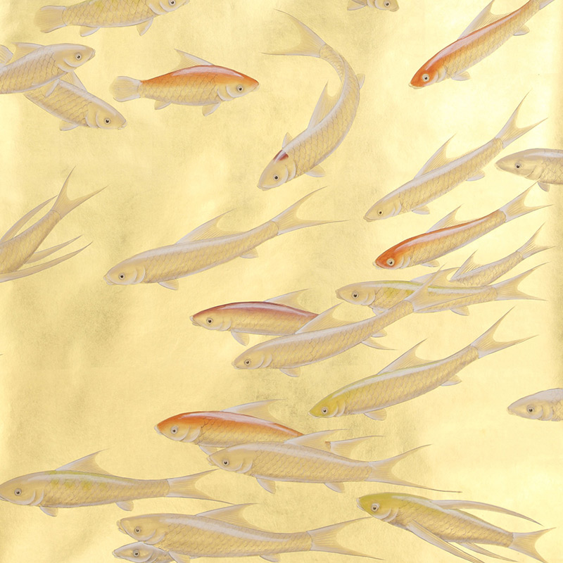 Обои ручная роспись Fishes Koi on Deep Rich Gold gilded paper  в Ижевске | Loft Concept 