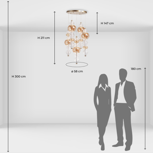 Люстра с плафонами из прозрачного и янтарного стекла в виде шаров и ромбов Gabriel Scott Luna в Ижевске