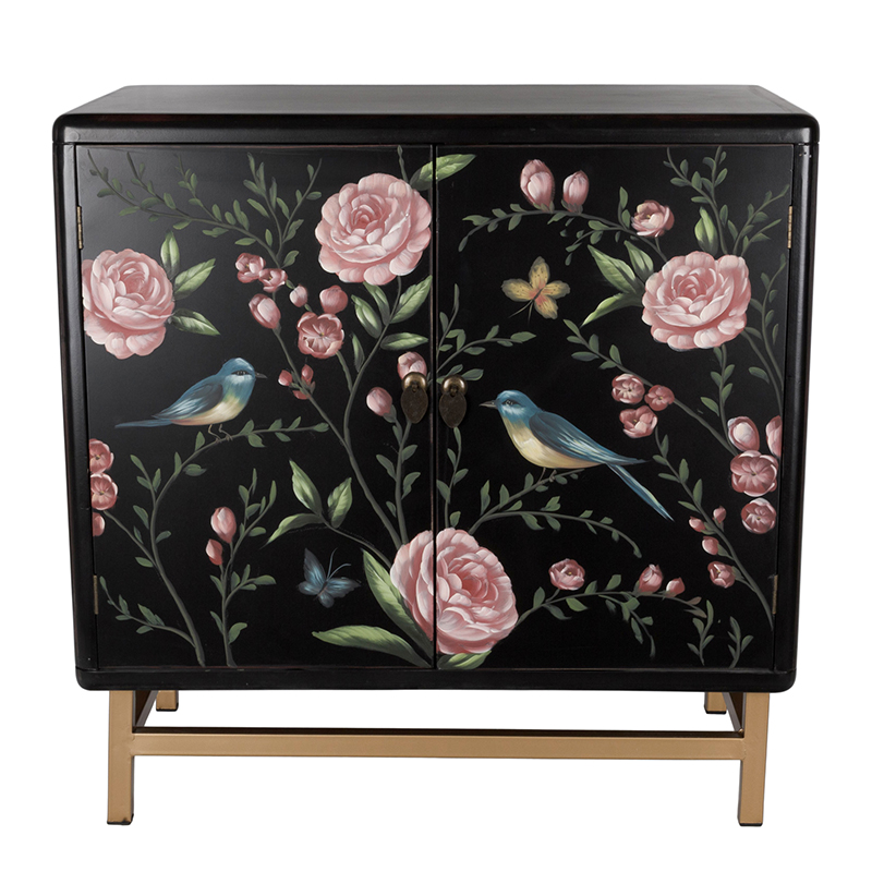 Комод с росписью птицы и цветы Black Chest Of Drawers Peonies Черный Черный Золотой Мульти в Ижевске | Loft Concept 