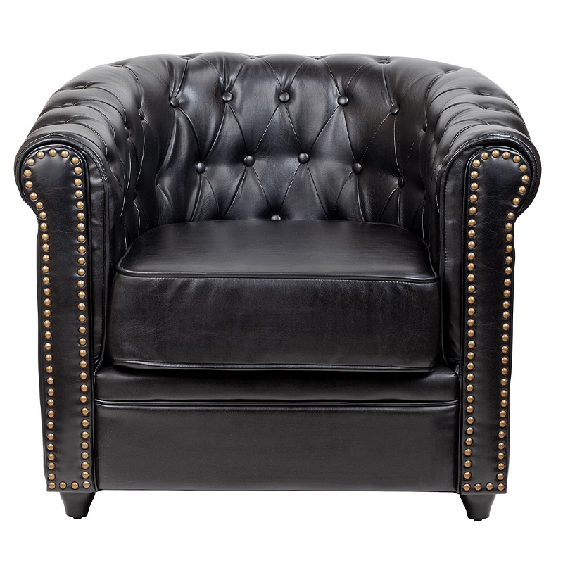 Кресло кожаное с мягкими подлокотниками на 4-х деревянных ножках Logan Leather Armchair black Черный в Ижевске | Loft Concept 