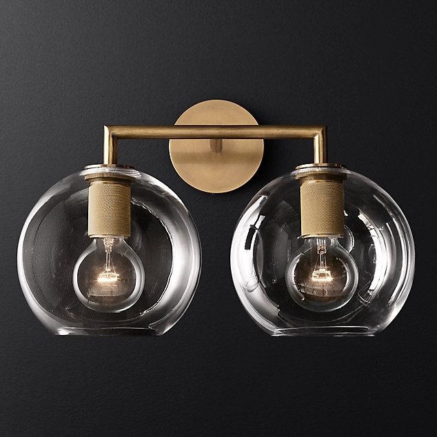 Бра RH Utilitaire Globe Shade Double Sconce Brass Прозрачное Стекло Латунь в Ижевске | Loft Concept 