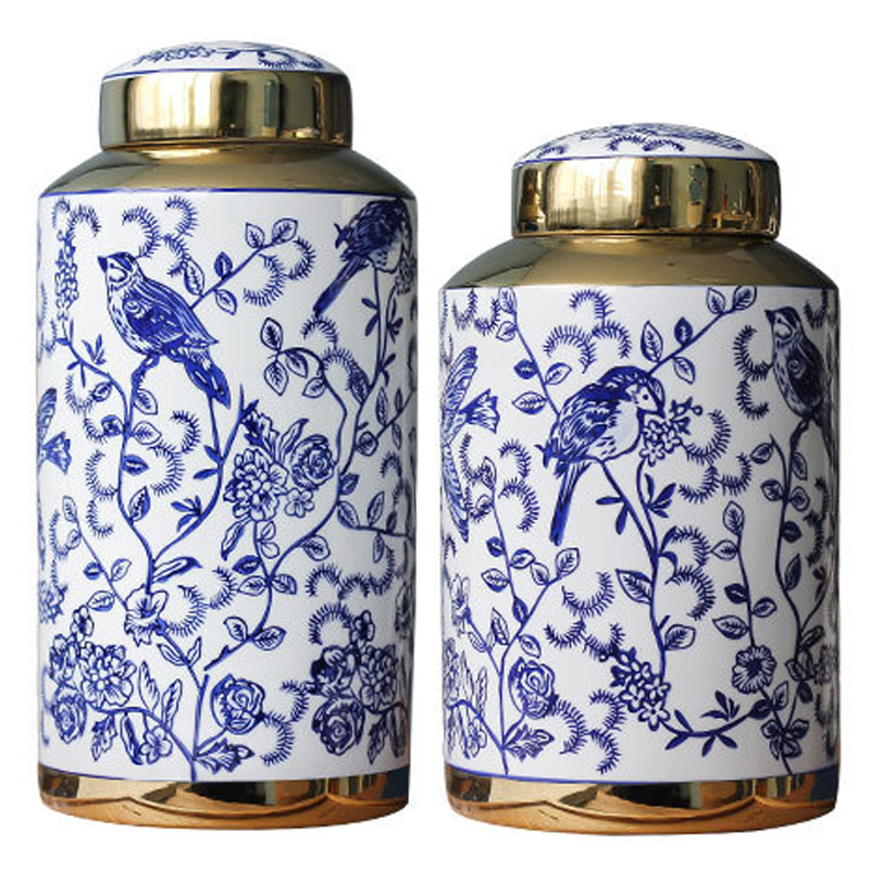 Вазы Ceramic Oriental Blue Ornament Birds Vases Синий Белый Золотой в Ижевске | Loft Concept 