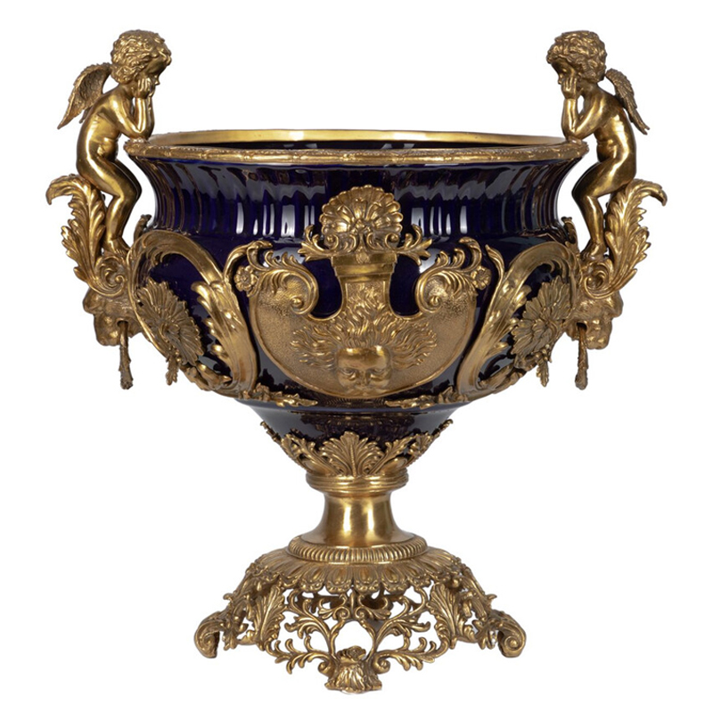 Чаша темно-синего цвета с фигурками ангелов и рельефным декором Eden Garden porcelain and bronze Темно-синий Бронза Чаша темно-синего цвета с фигурками ангелов и рельефным декором Eden Garden porcelain and bronze Темно-синий Бронза в Ижевске | Loft Concept