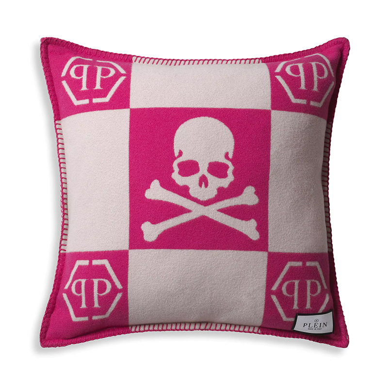 Подушка Philipp Plein Cushion Cashmere Skull 45 x 45 Pink Розовый Белый в Ижевске | Loft Concept 