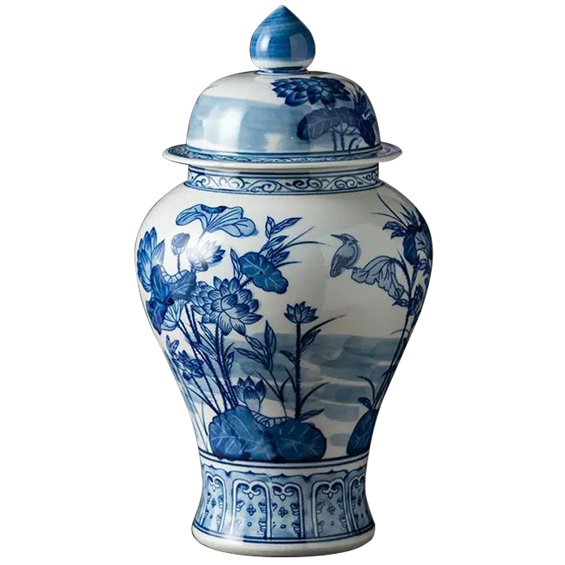 Ваза с крышкой Ceramic Blue Flowers and Bird Vase Белый Синий в Ижевске | Loft Concept 