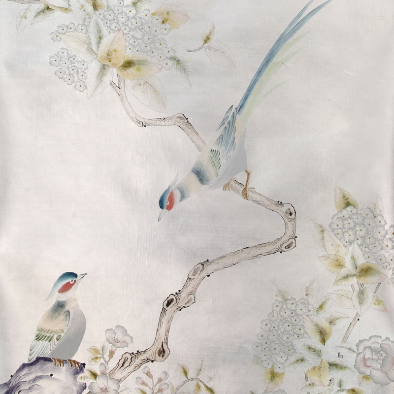 Обои ручная роспись Japanese Garden Special Colourway on Ocean Silver gilded silk  в Ижевске | Loft Concept 