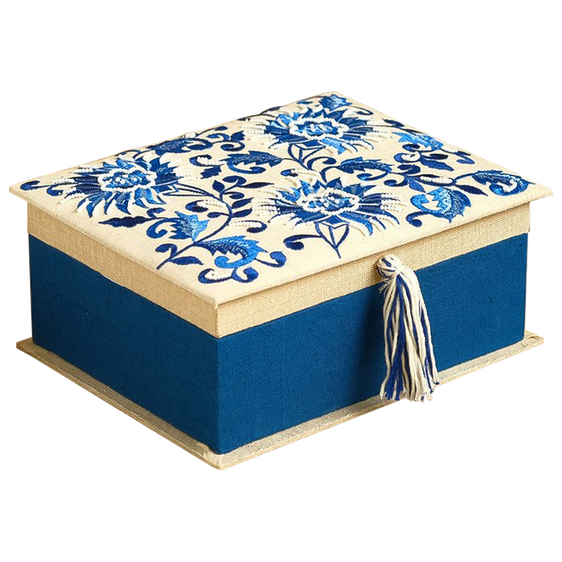 Шкатулка с вышивкой Blue Flowers Beads Embroidery Box Бежевый Синий Голубой в Ижевске | Loft Concept 