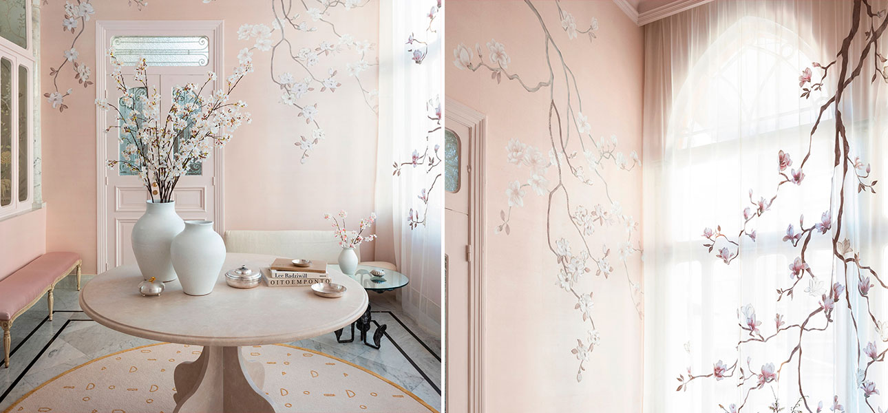 Обои Magnolia Canopy Original colourway on Rose Water metallic slub silk - фото №2