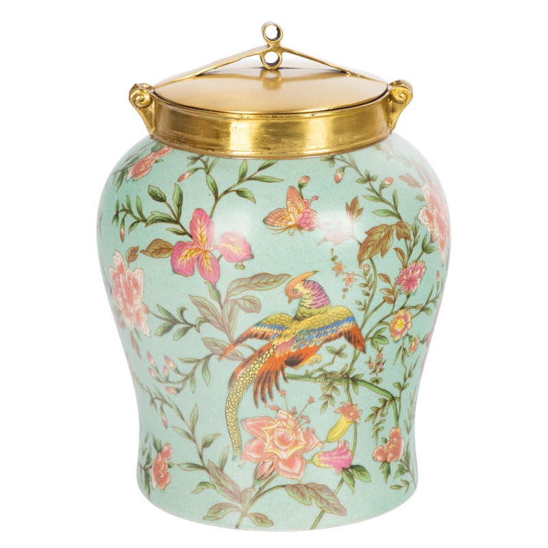Ваза округлой формы из фарфора с рисунком и бронзовой крышкой Turquoise Blooming Garden Мульти Бронза Бирюзовый в Ижевске | Loft Concept 