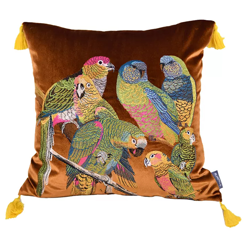 Декоративная подушка с вышивкой Embroidery Parrots Pillow Brown Коричневый Мульти в Ижевске | Loft Concept 