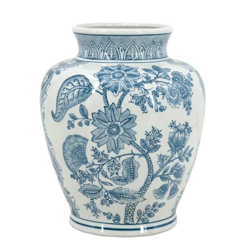 Ваза округлой формы белого цвета с синим растительным узором Blue & White Ornament Белый Синий Ваза округлой формы белого цвета с синим растительным узором Blue & White Ornament Белый Синий в Ижевске | Loft Concept