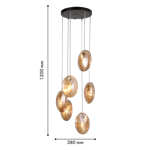 Люстра каскадная с 6-ю стеклянными круглыми плафонами янтарного цвета Savio Glass Disc Light в Ижевске