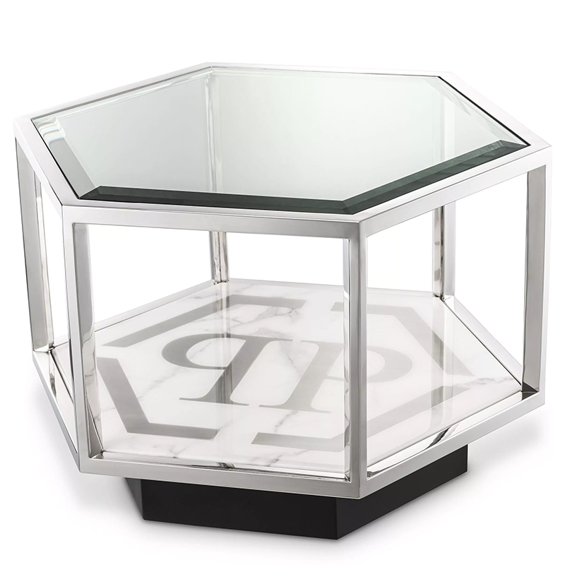 Приставной стол Philipp Plein Side Table Falcon View Chrome Хром Белый Мрамор Bianco Серый Черный Прозрачное Стекло в Ижевске | Loft Concept 