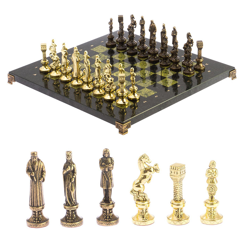 Шахматы Ренессанс из бронзы с доской из натурального камня Змеевик Decorative Thematic Chess  Золотой Бронза Черный Зеленый в Ижевске | Loft Concept 