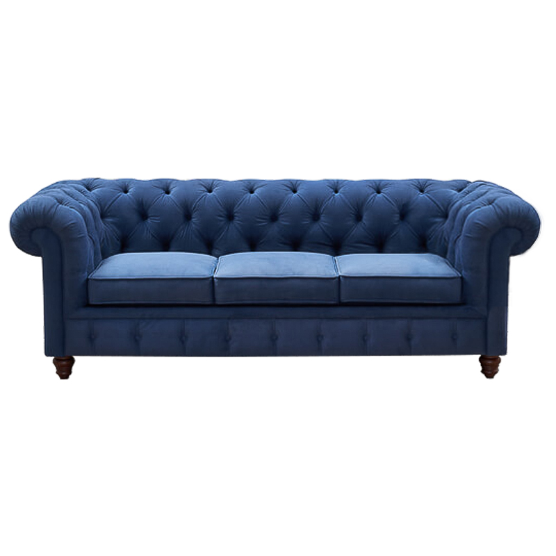 Диван Mini Kensington Sofa triple blue velor Сапфирово-синий Коричневый в Ижевске | Loft Concept 