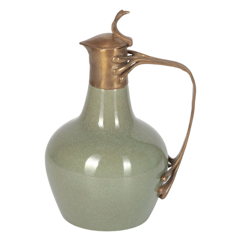 Кувшин зеленого цвета из фарфора с бронзовой крышкой и изогнутой ручкой Eden Garden porcelain and bronze Зеленый Бронза Кувшин зеленого цвета из фарфора с бронзовой крышкой и изогнутой ручкой Eden Garden porcelain and bronze Зеленый Бронза в Ижевске | Loft Concept