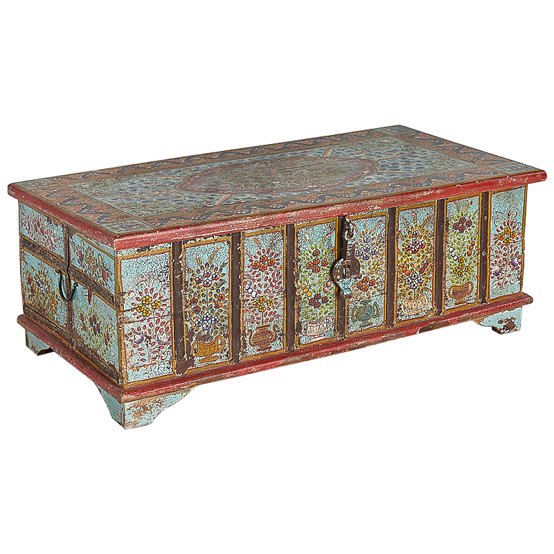 Сундук ручная роспись Pran Antique Indian Painted Chest Мульти Бирюзовый Красный в Ижевске | Loft Concept 